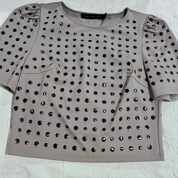 Stella & Jamie Studded Gray Puff Sleeve Crop Top Size XS X-Small NWOT - Picture 5 of 11